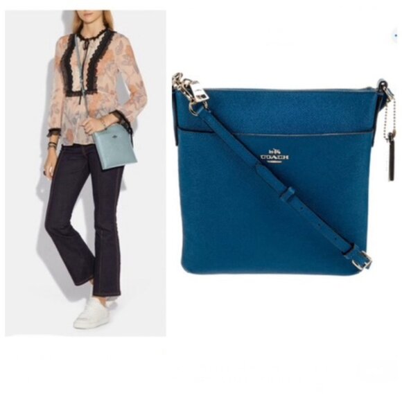 Coach Saffiano Leather Kitt Messenger Crossbody Shoulder Bag Pocket Zip BlueGold - Picture 1 of 16